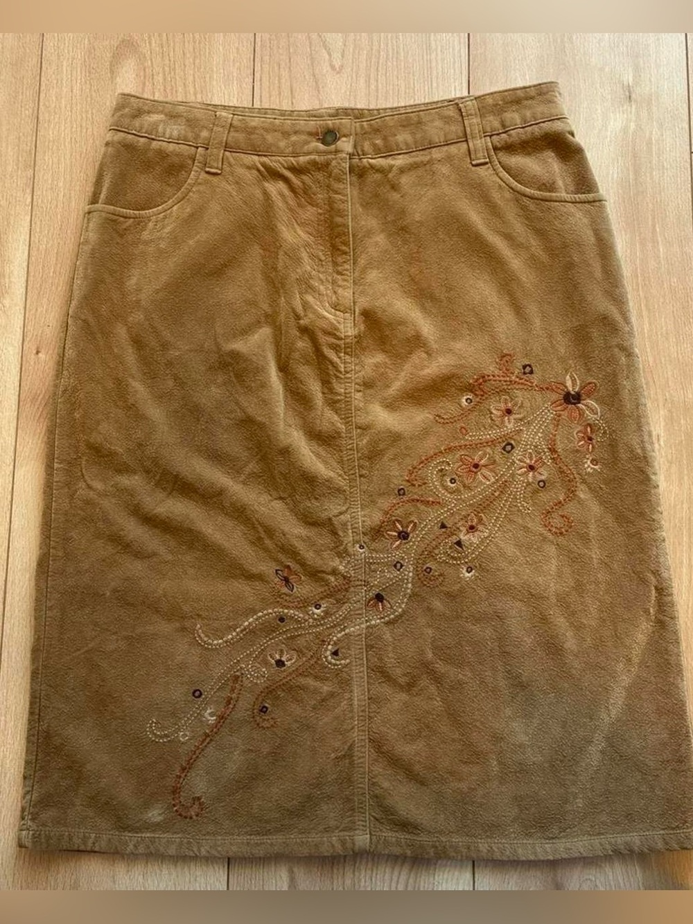 Vintage Y2K Embroidered faux suede midi skirt